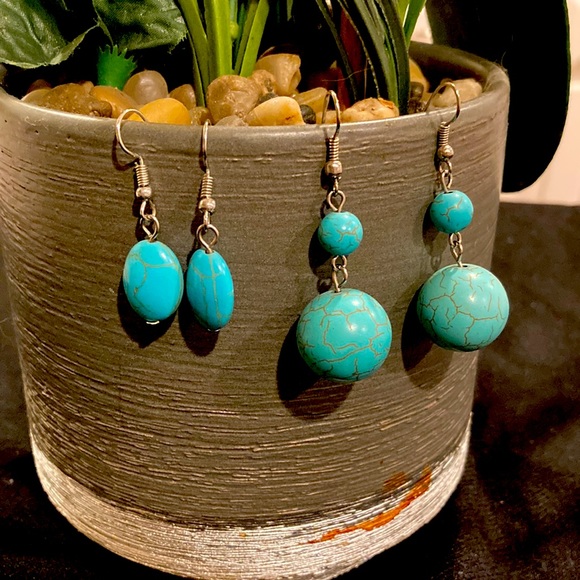 Two Elegant Turquoise Ball Drop Earrings - Picture 9 of 10